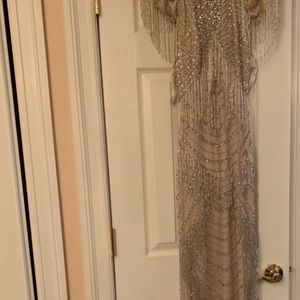 Couture beaded gown!! Off the shoulder with silver drop beading.